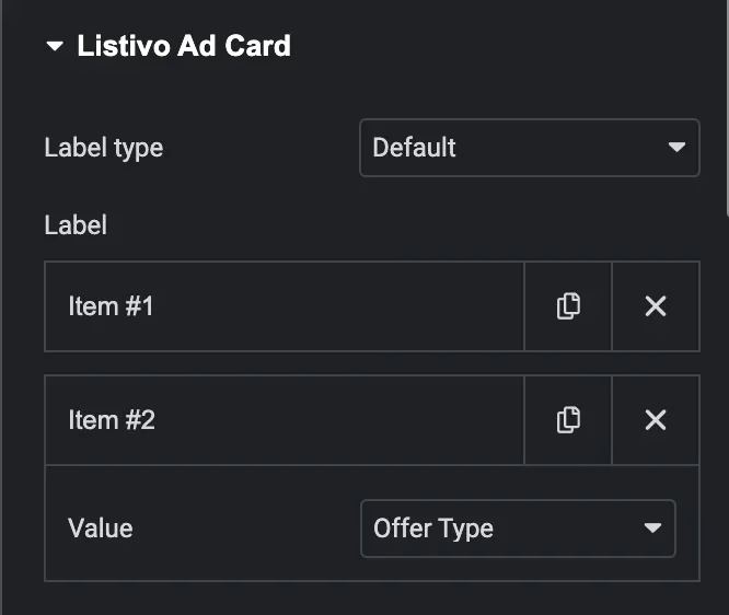 The same Listivo Ad Card settings with Item #2 expanded and its Value set to Offer Type.
