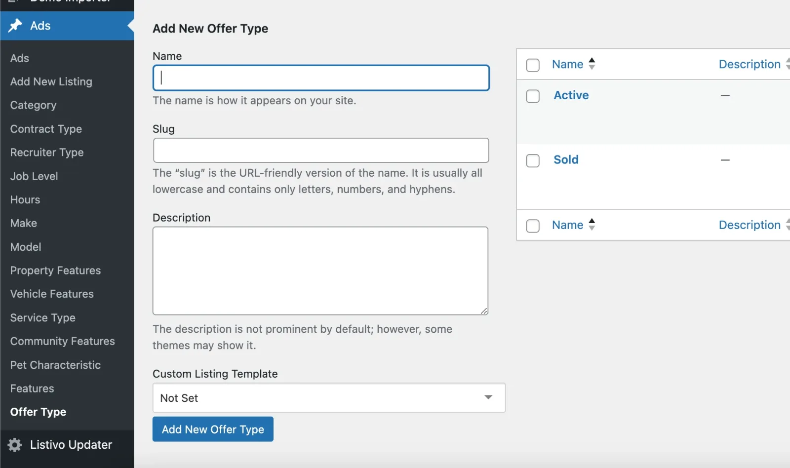 The Add New Offer Type screen again, with Active and Sold in the term list on the right.