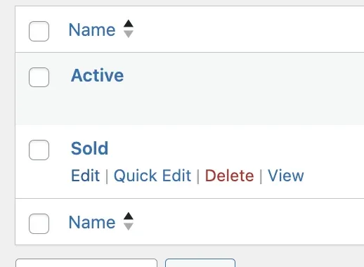 The Offer Type term list with Active and Sold, and the row actions under Sold showing Edit, Quick Edit, Delete and View.