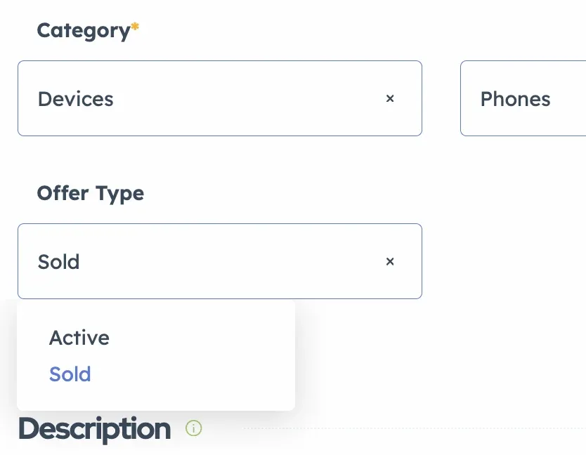 The ad edit form with Category set to Devices and the Offer Type field set to Sold, its dropdown open on the options Active and Sold.