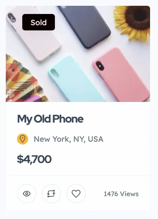 An ad card for "My Old Phone" in New York, NY, USA at $4,700, with a black Sold badge in the top-left corner of the photo.