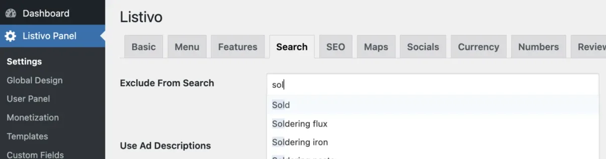 The Listivo settings screen on the Search tab, with "sol" typed into Exclude From Search and a suggestion list showing Sold, Soldering flux and Soldering iron.