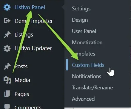 WordPress admin sidebar with the Listivo Panel submenu open — Settings, Design, User Panel, Monetization, Templates, Custom Fields, Notifications, Translate/Rename, Advanced — and the cursor on Custom Fields