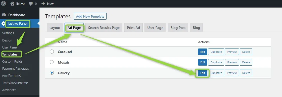 Listivo Panel > Templates with the Ad Page tab open, listing the Carousel, Mosaic and Gallery templates, and the Edit button next to the selected Gallery template highlighted