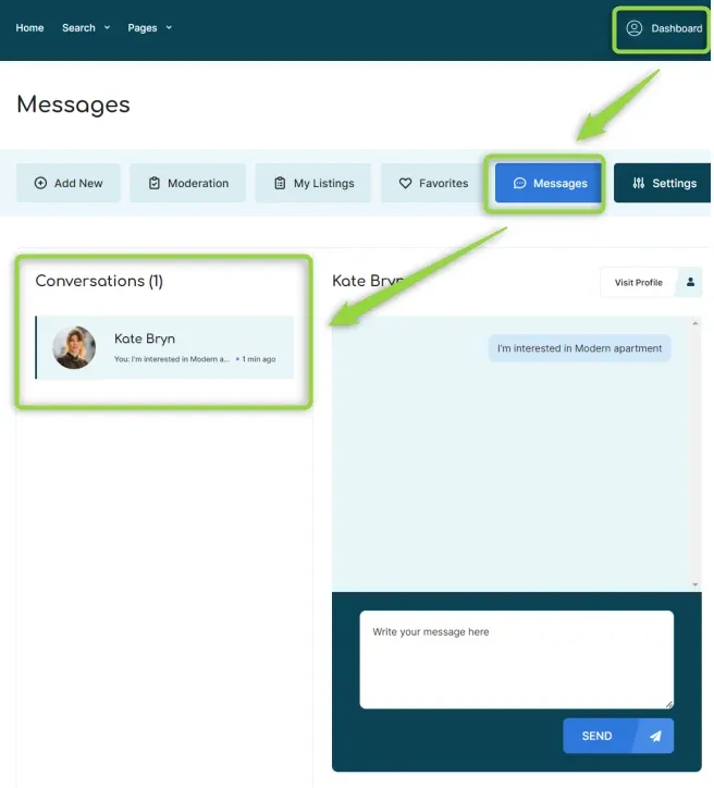 The Messages tab of the user panel, with a Conversations list on the left showing one thread from Kate Bryn and the open conversation on the right above a "Write your message here" box and a SEND button