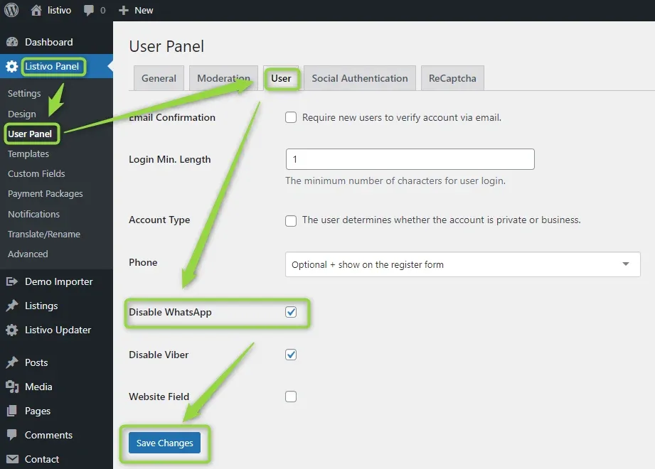 The User tab of Listivo Panel > User Panel in WordPress admin, with the Disable WhatsApp checkbox ticked, Disable Viber ticked, and the Save Changes button highlighted