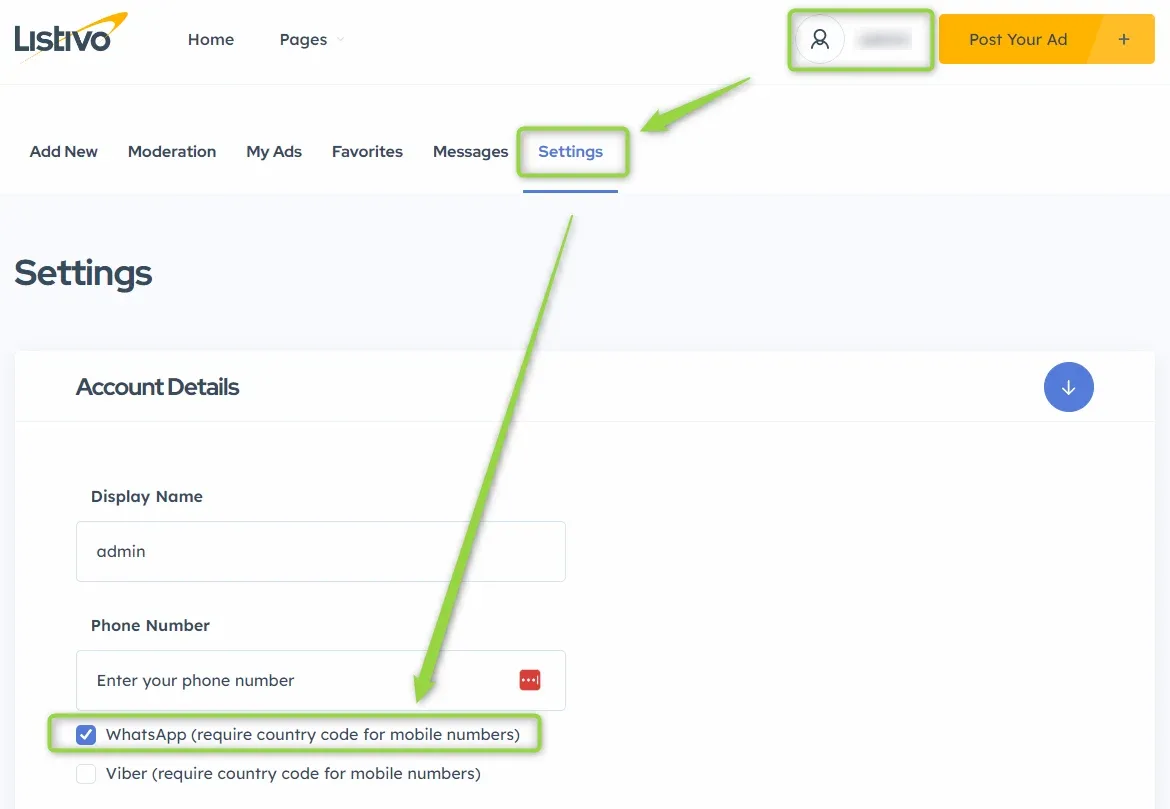 The Settings page of the front-end user panel, showing Account Details with the phone number field and a ticked checkbox reading "WhatsApp (require country code for mobile numbers)", with an unticked Viber option below