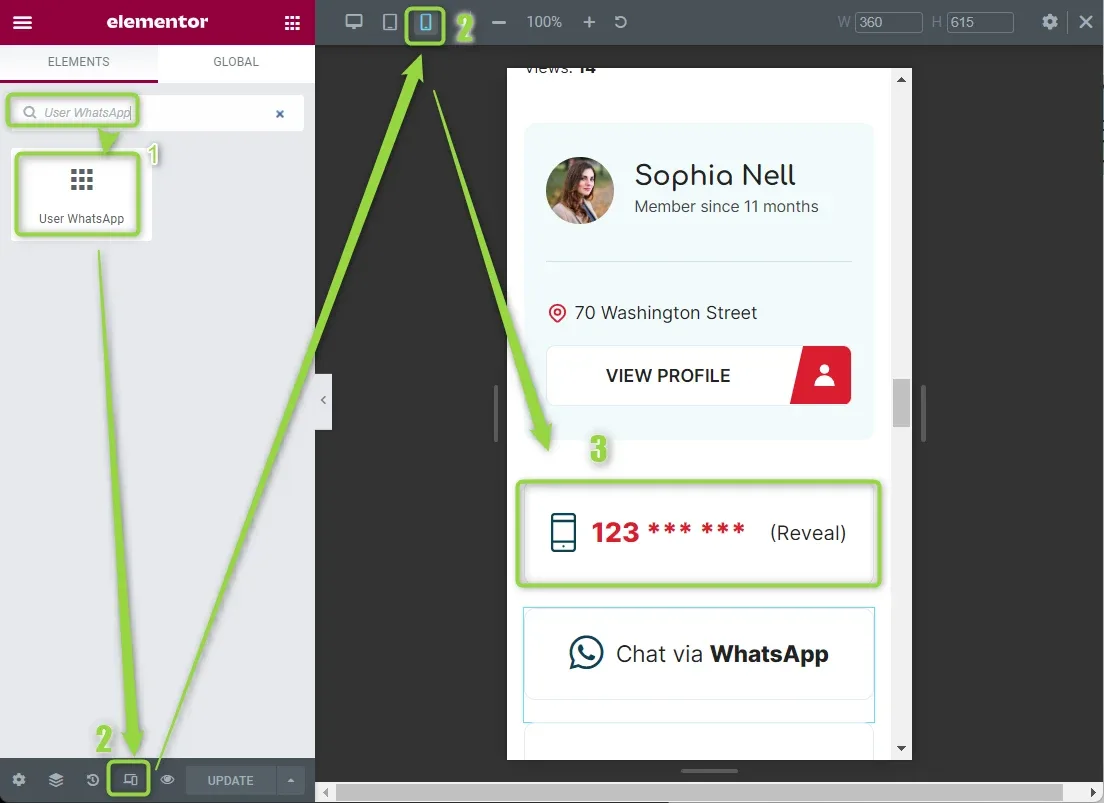 The Elementor editor in mobile preview mode: the left panel shows the search results for the User WhatsApp widget, and the preview shows a user card with a revealable phone number and a Chat via WhatsApp button