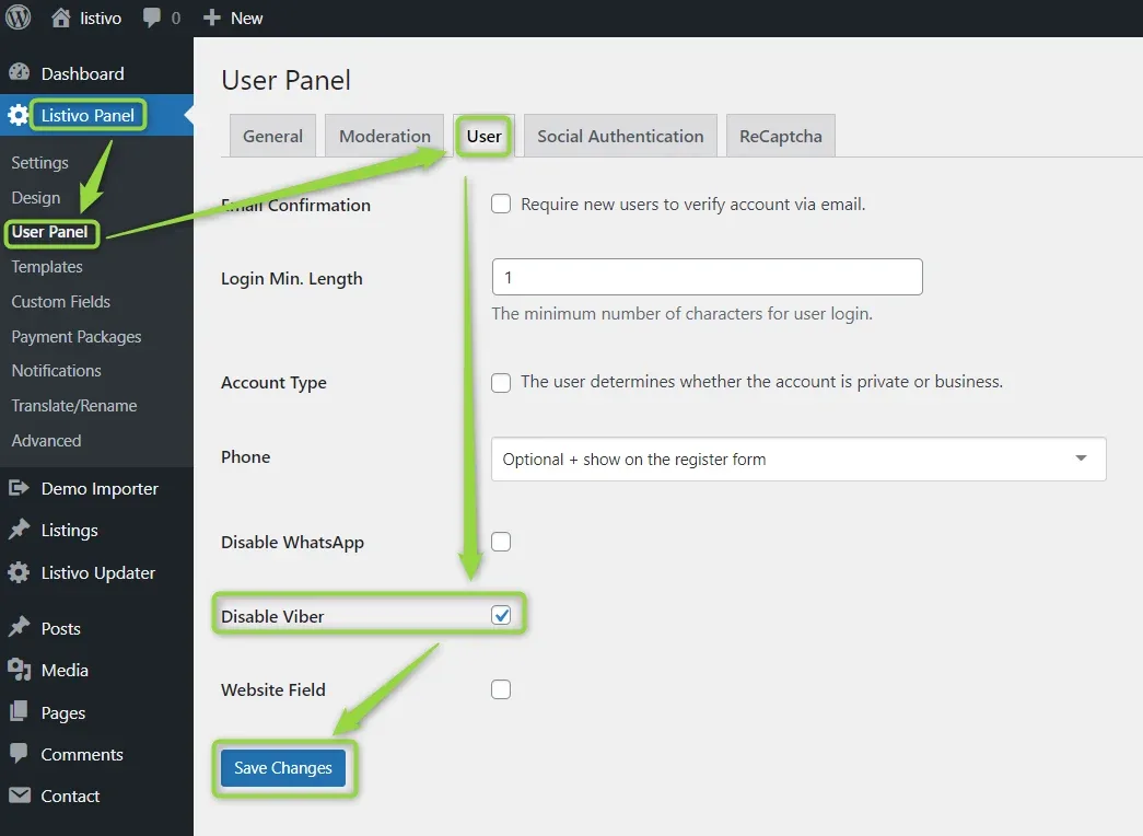 Listivo Panel, User Panel screen on the User tab with the "Disable Viber" checkbox highlighted and ticked, above the Save Changes button
