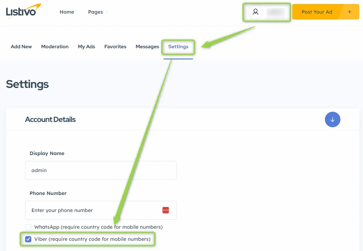 User panel Settings page, Account Details section, with the ticked checkbox "Viber (require country code for mobile numbers)" highlighted below the Phone Number field