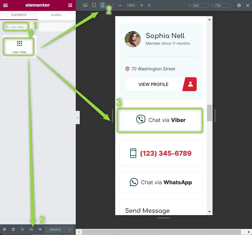 Elementor editor in mobile preview: the "User Viber" widget is dragged from the Elements panel into the user card, where a "Chat via Viber" button sits above the phone number and the Chat via WhatsApp button