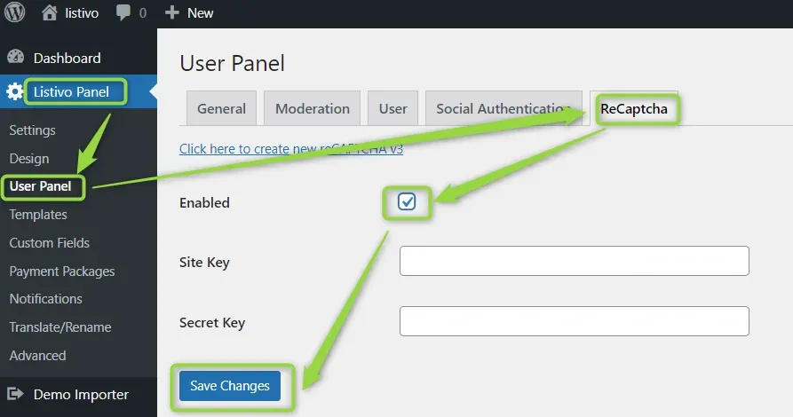 The ReCaptcha tab of Listivo Panel > User Panel in WordPress admin, with Enabled ticked, empty Site Key and Secret Key fields, a link for creating a new reCAPTCHA v3, and the Save Changes button