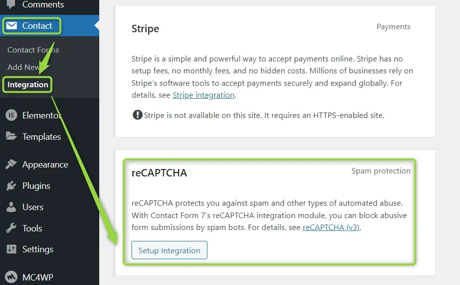 The Contact > Integration page in WordPress admin, showing a Stripe box above a highlighted reCAPTCHA box with its Setup Integration button
