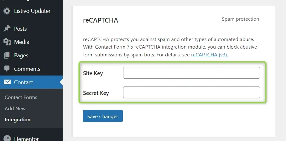 The expanded reCAPTCHA box in Contact Form 7 with empty Site Key and Secret Key fields highlighted above the Save Changes button