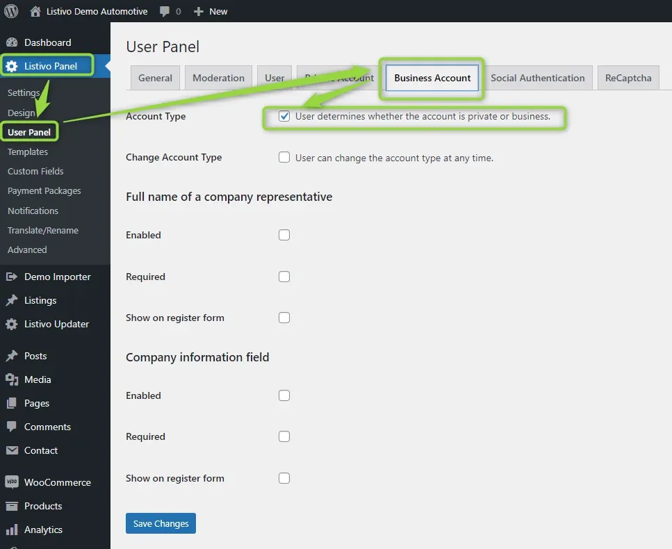 The Business Account tab of Listivo Panel > User Panel in WordPress admin, with the Account Type option ticked so users determine whether the account is private or business