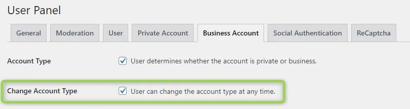 The same tab with the Change Account Type option ticked, allowing a user to change the account type at any time