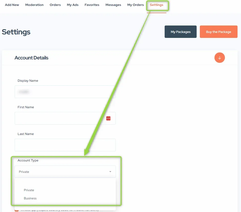 The Settings page of the front-end user panel, with the Account Type dropdown open under Account Details offering Private and Business