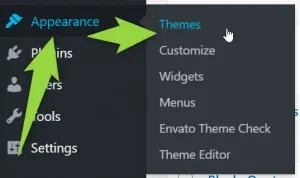 WordPress admin sidebar with the Appearance submenu open — Themes, Customize, Widgets, Menus, Envato Theme Check, Theme Editor — and an arrow pointing to Themes.