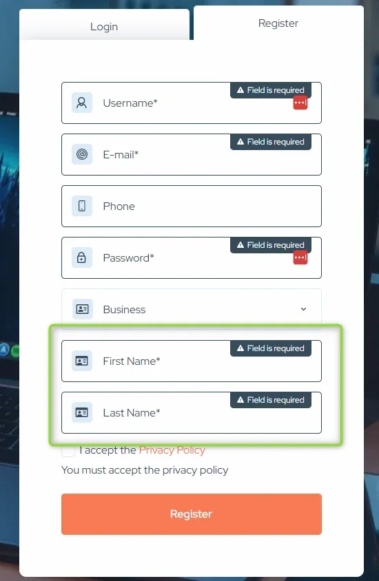 The Register form with the Business account type selected and required First Name and Last Name fields highlighted, each flagged "Field is required"