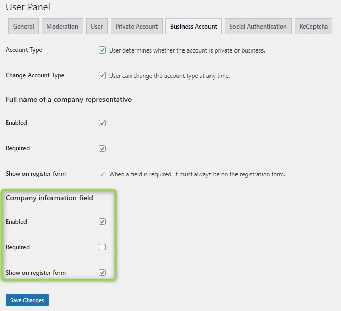 The "Company information field" section with Enabled and Show on register form ticked, and Required left unticked, above the Save Changes button