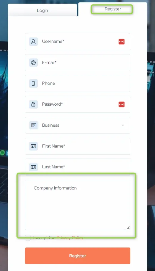 The Register form with an empty Company Information text area highlighted below the First Name and Last Name fields