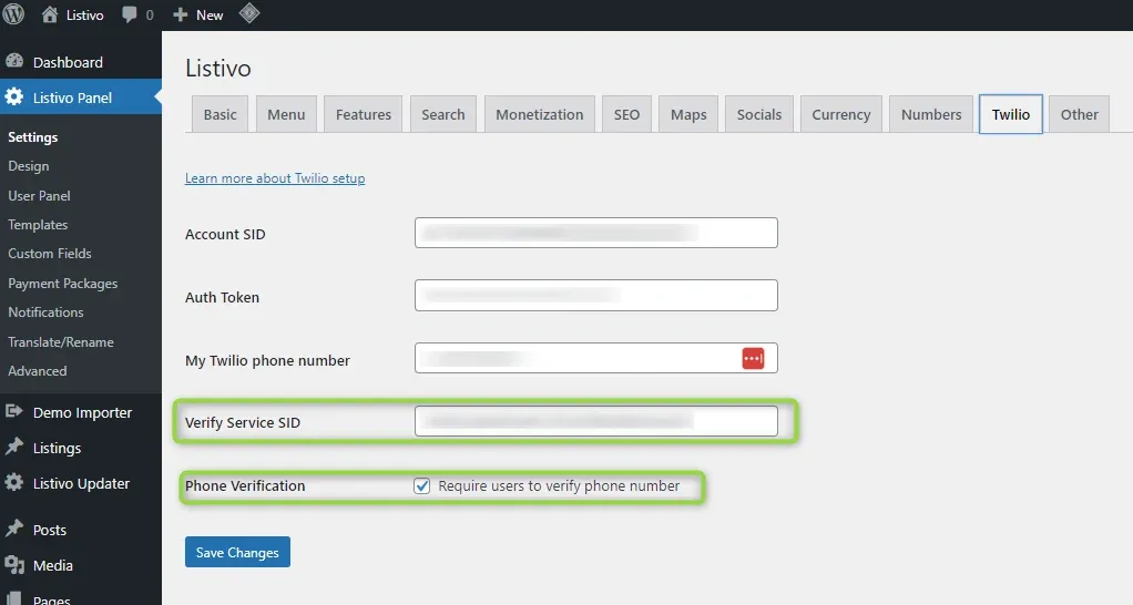 The Twilio tab of the Listivo Panel settings in WordPress admin, with filled Account SID, Auth Token and Twilio phone number fields, the Verify Service SID field highlighted, and Phone Verification ticked to require users to verify their phone number