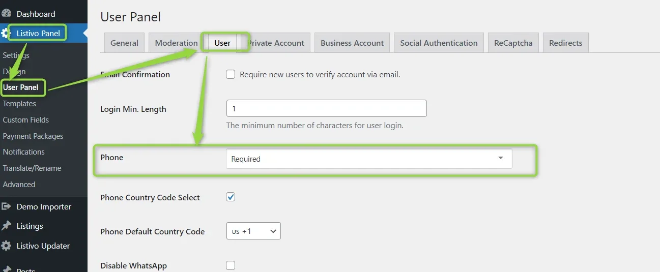 The User tab of Listivo Panel > User Panel in WordPress admin, with the Phone dropdown set to Required and highlighted, above the phone country code options