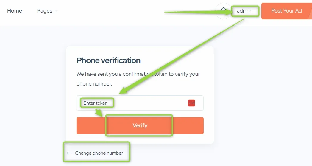 The front-end Phone verification card telling the user a confirmation token has been sent, with an Enter token field, a Verify button, and a Change phone number link below
