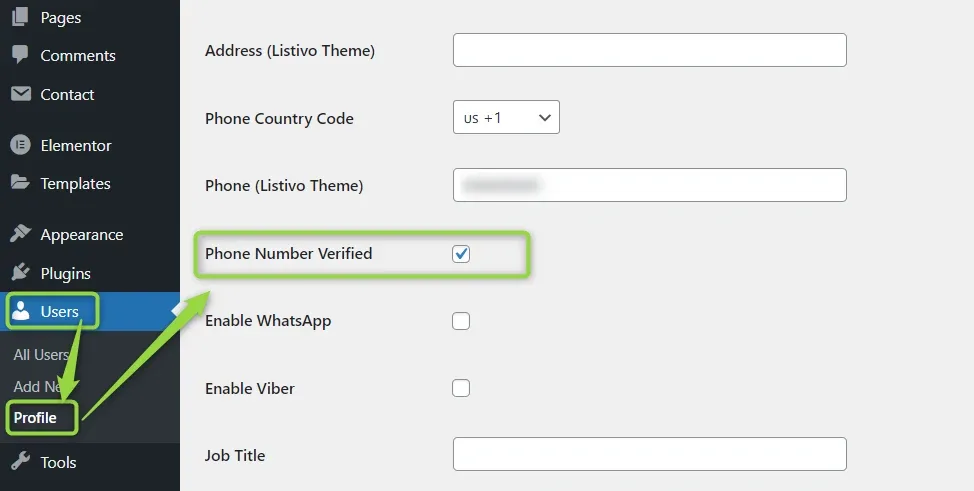 A WordPress user profile screen showing the Listivo fields, with the Phone Number Verified checkbox ticked and highlighted below the phone country code and phone number