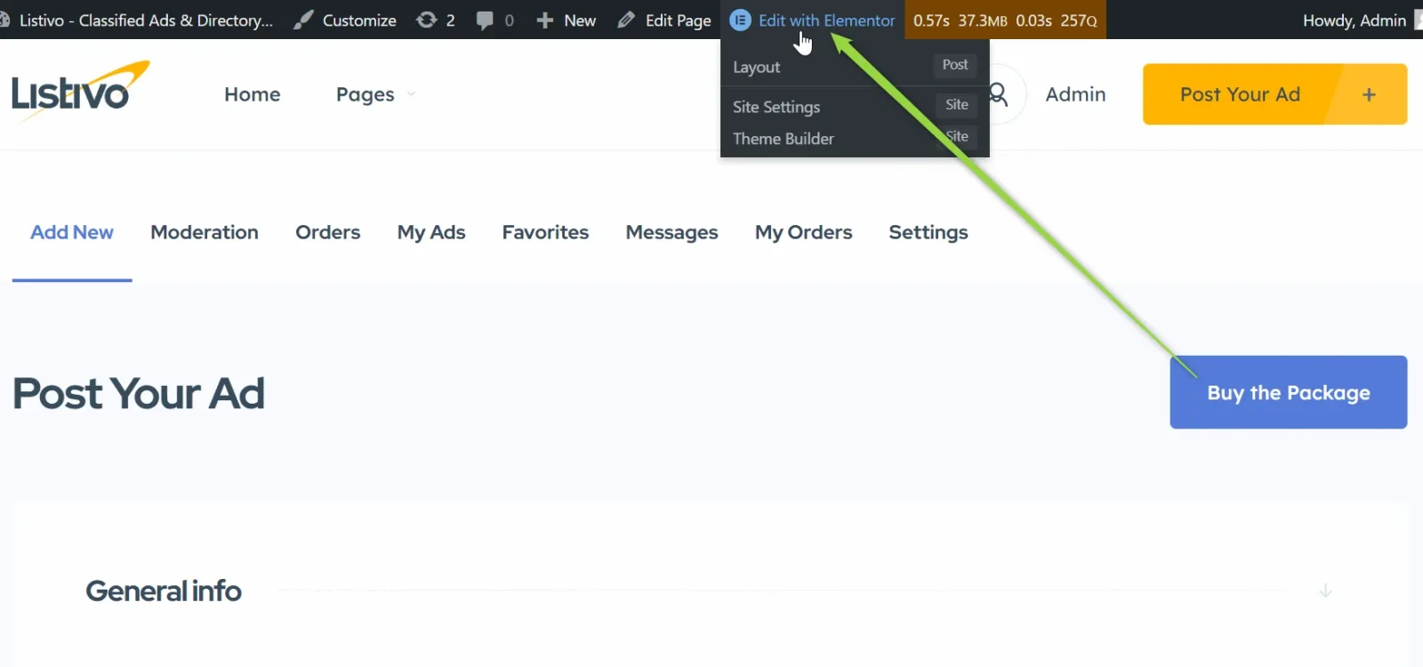The WordPress admin bar on the front-end Post Your Ad page, with the Edit with Elementor menu open showing Layout, Site Settings and Theme Builder