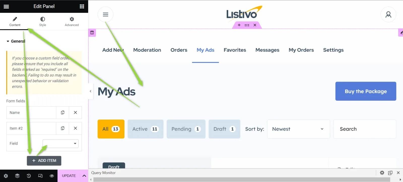 The Elementor editor with the Edit Panel widget open on the left, showing the Form fields list and an ADD ITEM button; the preview on the right shows the My Ads tab of the user panel