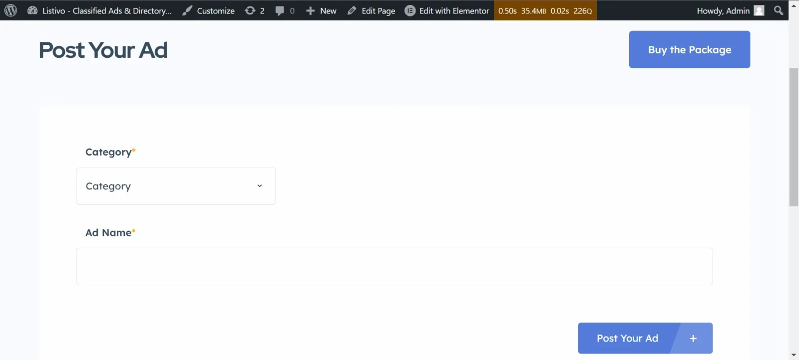 The front-end Post Your Ad page showing only two fields, Category and Ad Name, above the Post Your Ad button