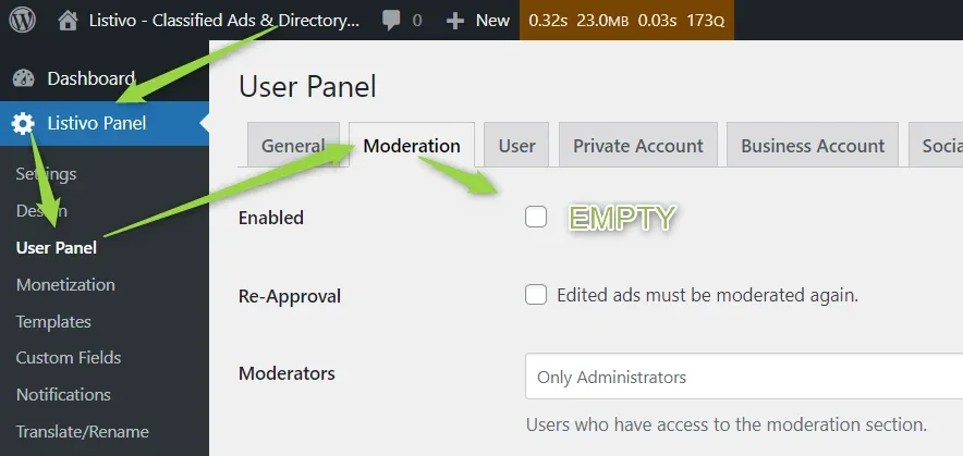 Listivo Panel > User Panel > Moderation tab in WordPress admin, with the Enabled checkbox left unticked and arrows pointing at it