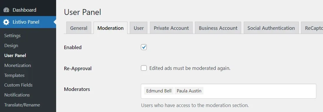 The same Moderation tab with Enabled ticked, Re-Approval left unticked, and two moderators named Edmund Bell and Paula Austin added to the Moderators field