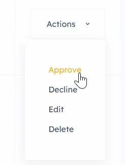 The Actions dropdown for a pending ad, listing Approve, Decline, Edit and Delete