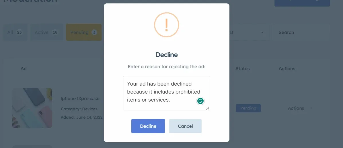 The Decline popup with a text box holding a reason for rejecting the ad, and Decline and Cancel buttons