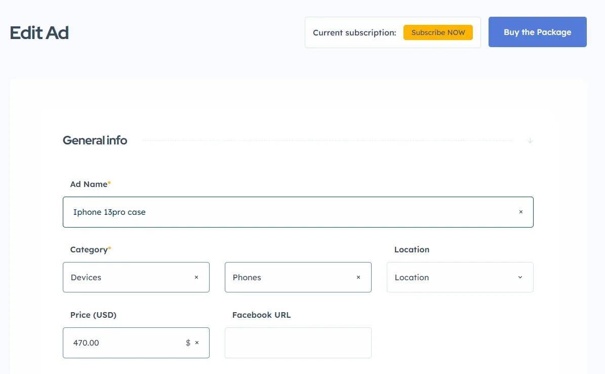 The Edit Ad page showing the General info section, with the ad name, category, location and price fields already filled in from the user's submission