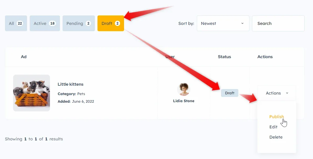 The Moderation tab with the Draft filter selected and the Actions dropdown open on a draft ad, showing Publish, Edit and Delete