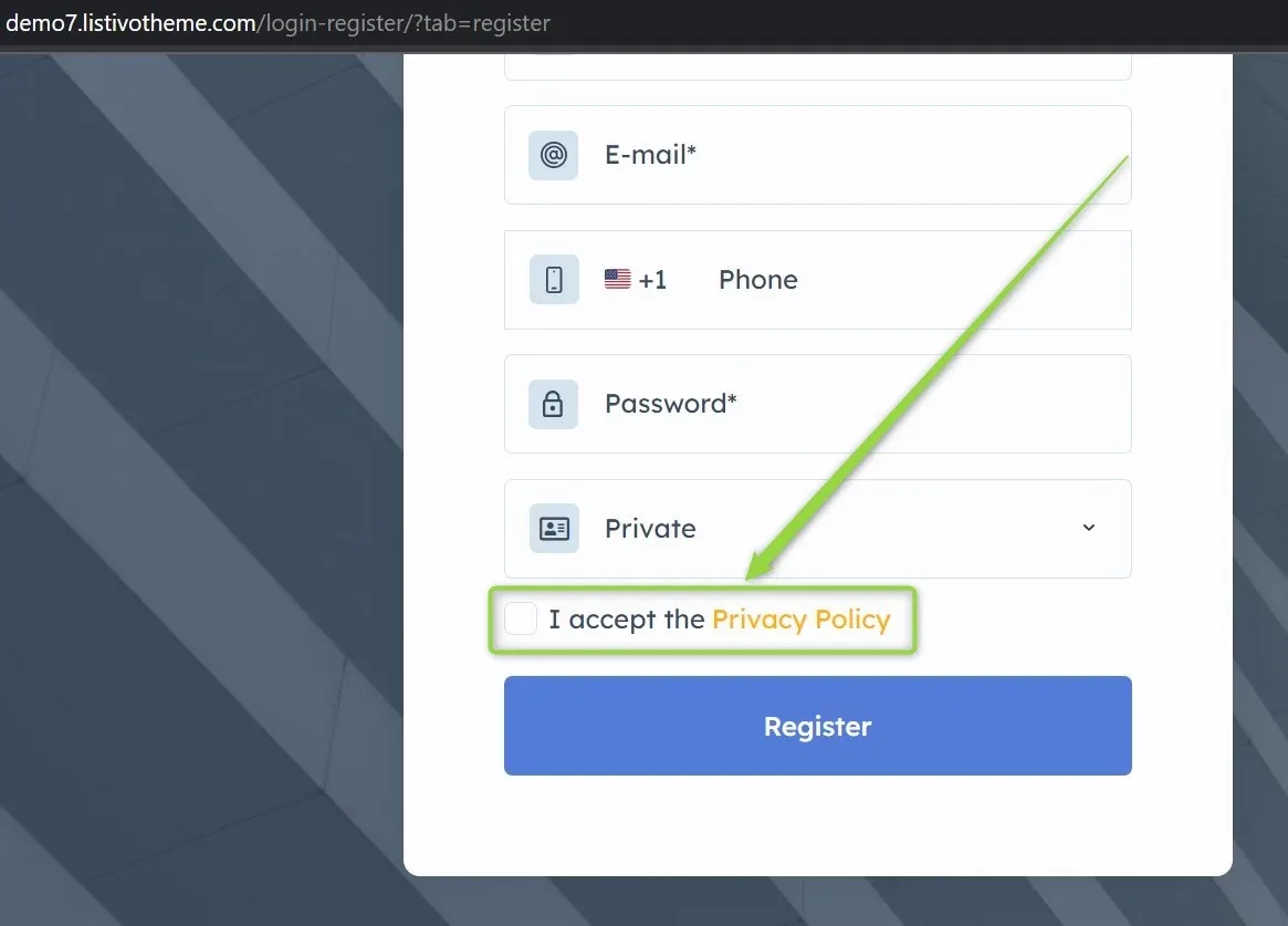 Registration form on the front end with the checkbox line "I accept the Privacy Policy" highlighted above the blue Register button, Privacy Policy shown as a link