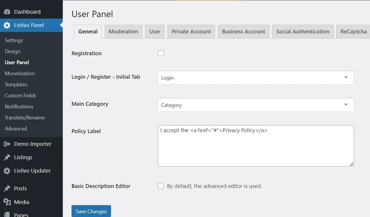User Panel screen on the General tab, with the Policy Label textarea holding the snippet: I accept the <a href='#'>Privacy Policy</a>