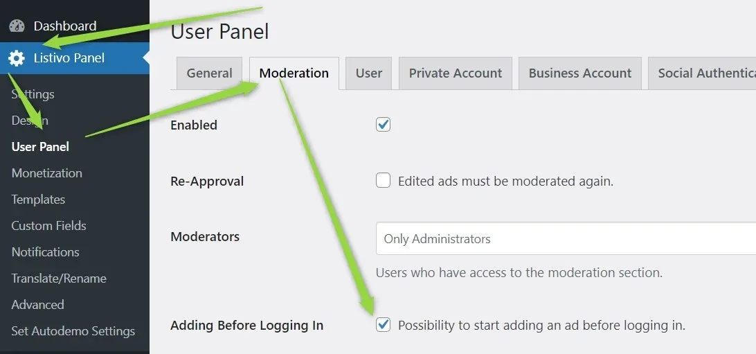 Listivo Panel, User Panel screen on the Moderation tab with the "Adding Before Logging In" checkbox ticked next to the label "Possibility to start adding an ad before logging in."