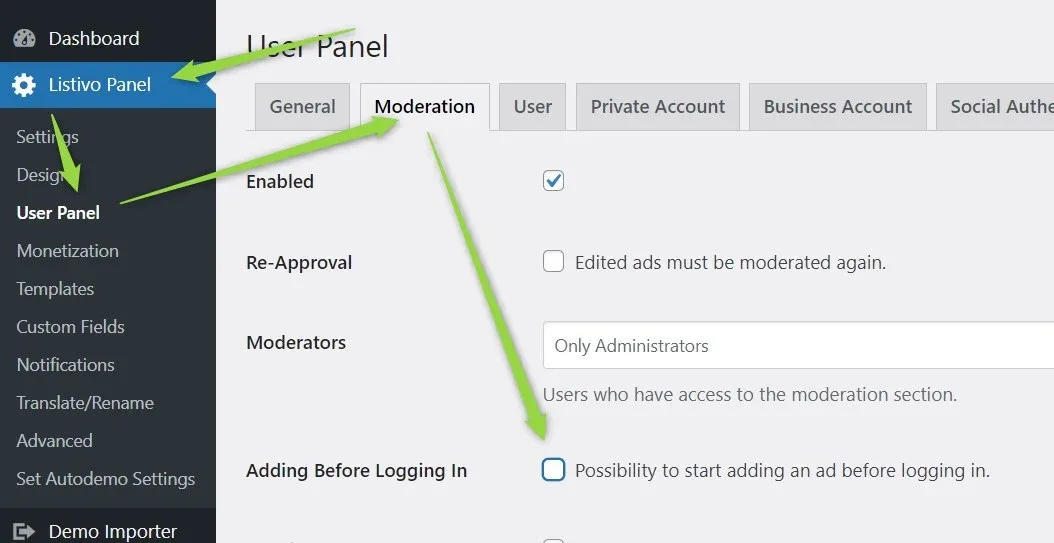 The same Moderation tab with the "Adding Before Logging In" checkbox cleared, so visitors must log in first