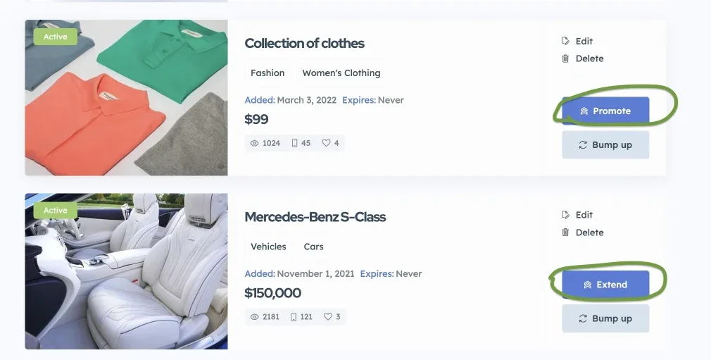 My Ads list with two active listings: "Collection of clothes" showing a highlighted Promote button and "Mercedes-Benz S-Class" showing a highlighted Extend button, each with Edit, Delete and Bump up next to it