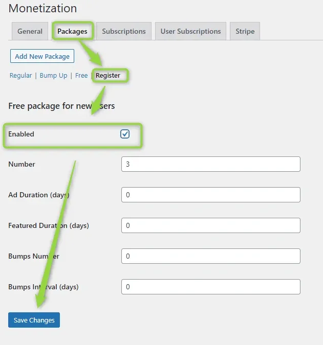 Monetization > Packages, Register sub-tab headed "Free package for new users": Enabled ticked, Number 3, and Ad Duration, Featured Duration, Bumps Number and Bumps Interval all 0.