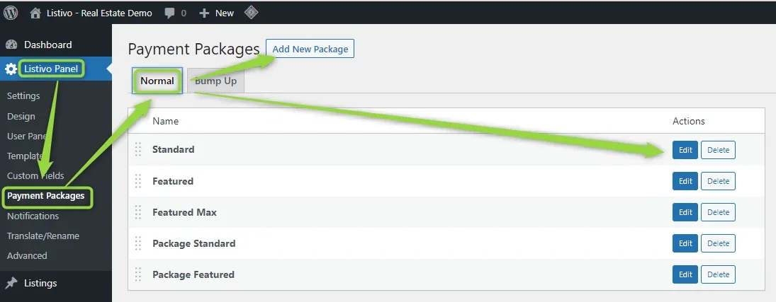 Listivo Panel > Payment Packages screen with Normal and Bump Up tabs, an Add New Package button and rows for Standard, Featured, Featured Max, Package Standard and Package Featured, each with Edit and Delete buttons.