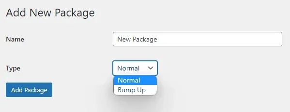 "Add New Package" form with the Name field set to "New Package" and the Type dropdown open on Normal, showing the Normal and Bump Up options, next to the Add Package button.