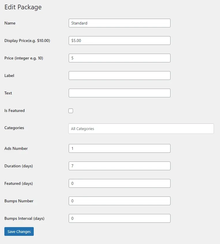 "Edit Package" form for Standard: Display Price $5.00, Price 5, empty Label and Text, Is Featured unticked, Categories set to All Categories, Ads Number 1, Duration (days) 7, Featured 0, Bumps Number 0, Bumps Interval 0.