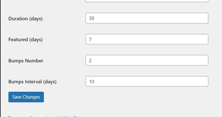 Close-up of the package fields Duration (days) 30, Featured (days) 7, Bumps Number 2 and Bumps Interval (days) 10, above the Save Changes button.
