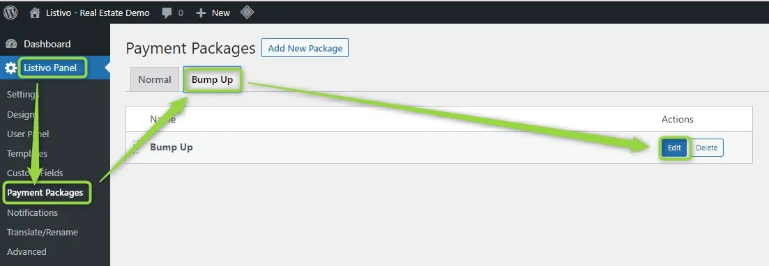 Payment Packages with the Bump Up tab selected, showing a single package named Bump Up with Edit and Delete buttons.