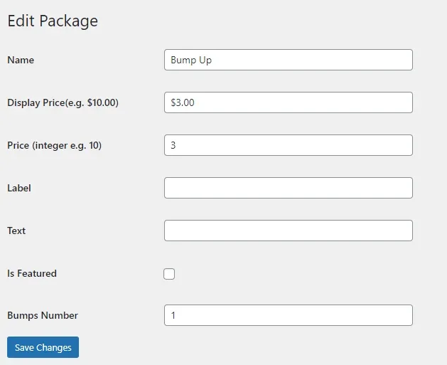 "Edit Package" form for the Bump Up package: Display Price $3.00, Price 3, empty Label and Text, Is Featured unticked and Bumps Number 1, above Save Changes.